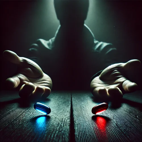 Symbolic representation of choice using a blue and red pill, mirroring 'The Matrix', used to illustrate the decision-making in A/B testing with Optimizely. The image captures the critical moment of choosing between two alternatives, reflecting the benefits and drawbacks of different optimization strategies in a digital marketing environment.