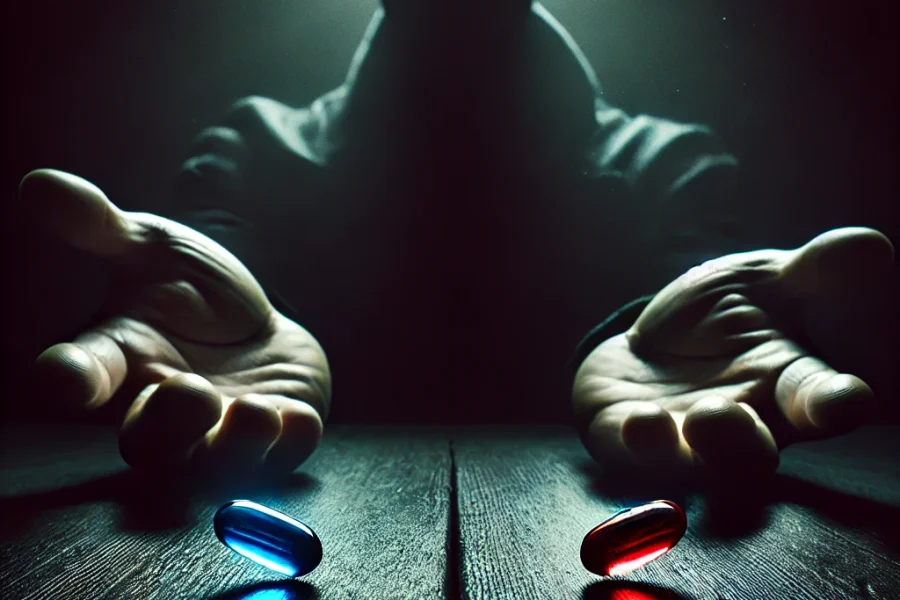 Symbolic representation of choice using a blue and red pill, mirroring 'The Matrix', used to illustrate the decision-making in A/B testing with Optimizely. The image captures the critical moment of choosing between two alternatives, reflecting the benefits and drawbacks of different optimization strategies in a digital marketing environment.