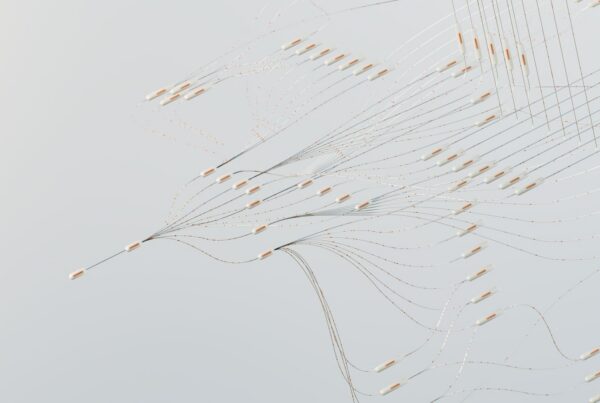 Abstract 3D illustration of an AI neural network with data flowing between nodes