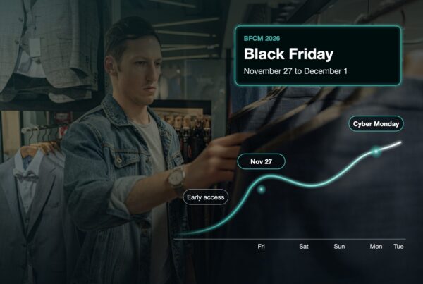 Shopper browsing a clothing rack with a BFCM 2026 sales timeline overlay